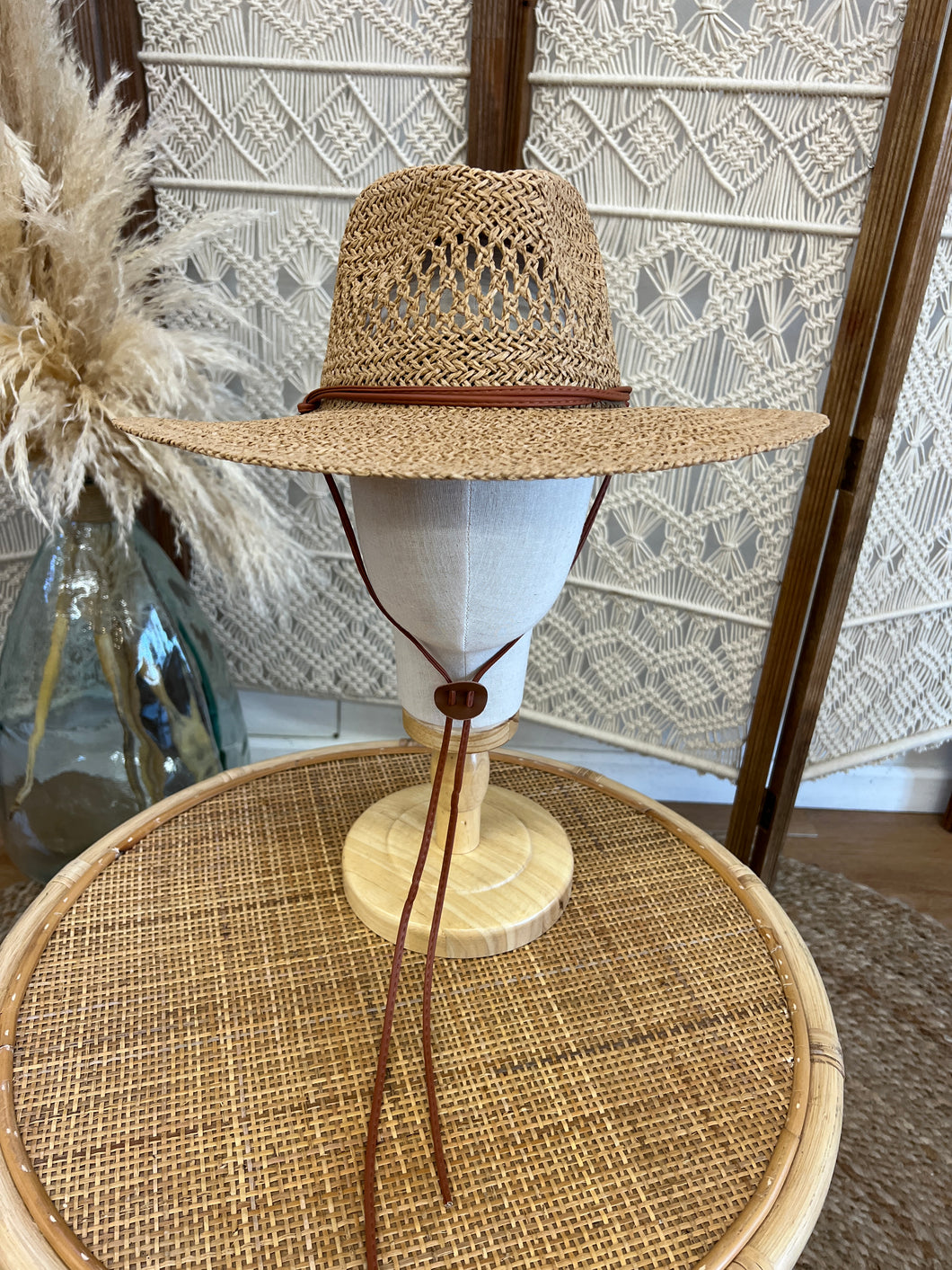 Straw Hat with Faux Leather Strap